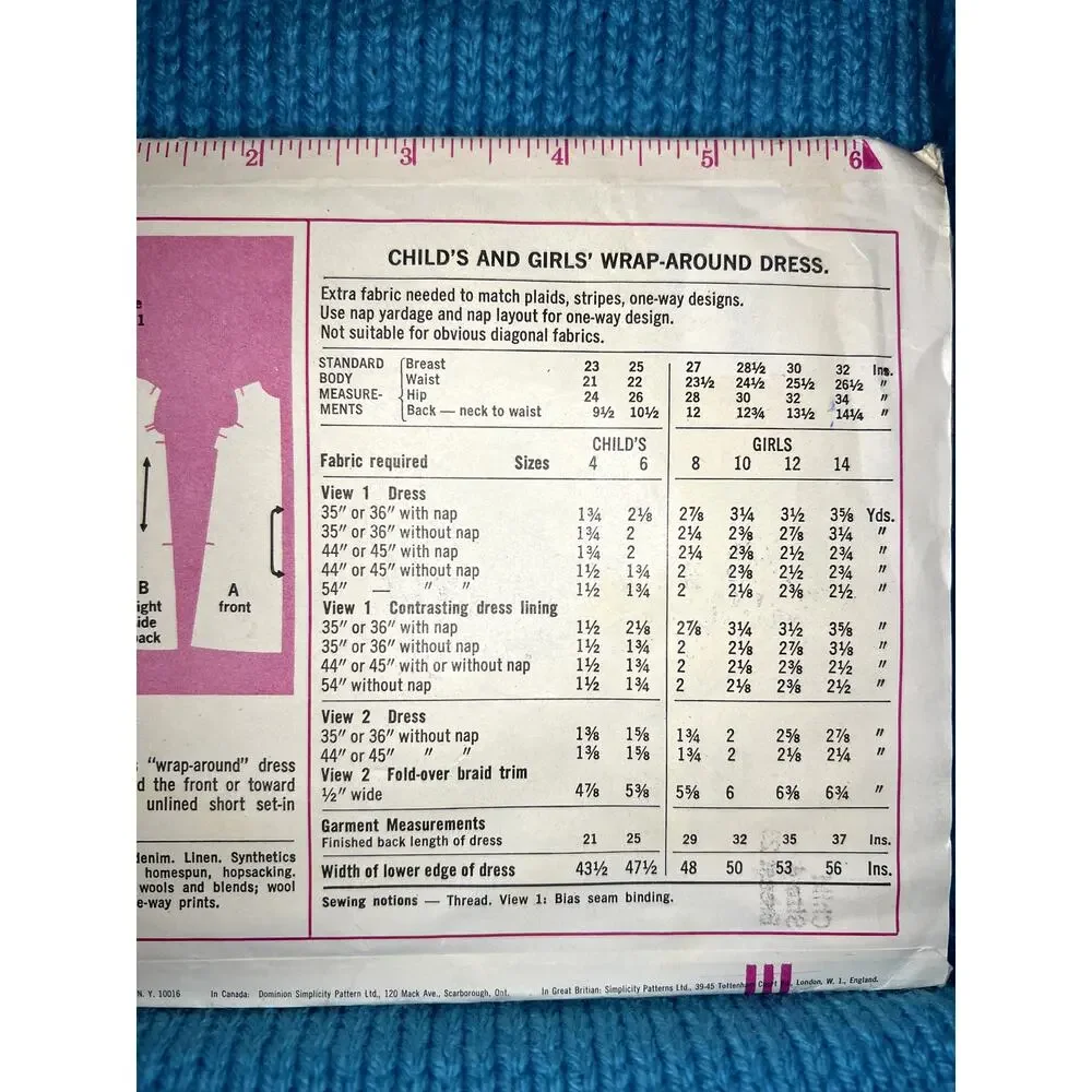 Simplicity 7518 Sewing pattern girls dress A line wrap 1960s size 4